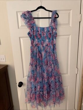 Blue and Pink Floral Ruffle Strap dress